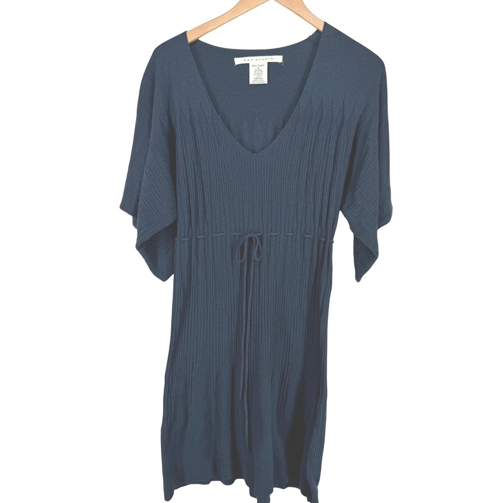 Vintage Womens Babydoll Milkmaid Midi Knit Dress M Blue Boho Y2K Kimono Sleeve